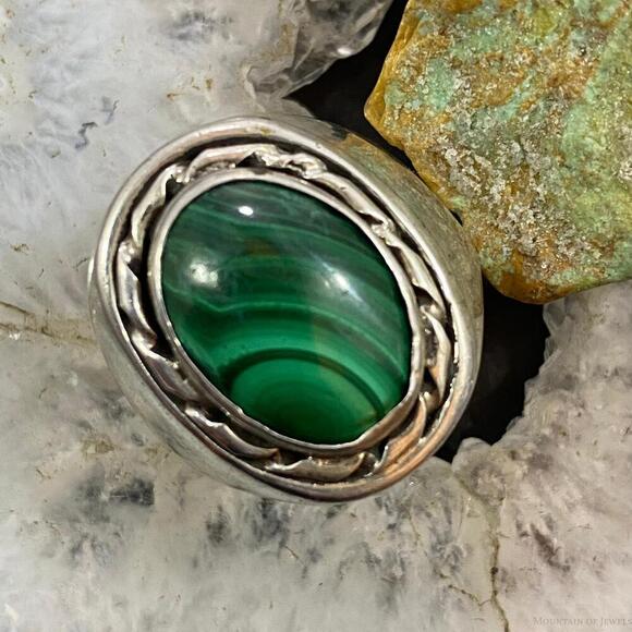 Vintage Native American Silver Oval Malachite Shield Ring Size 11 For Men - Picture 1 of 9